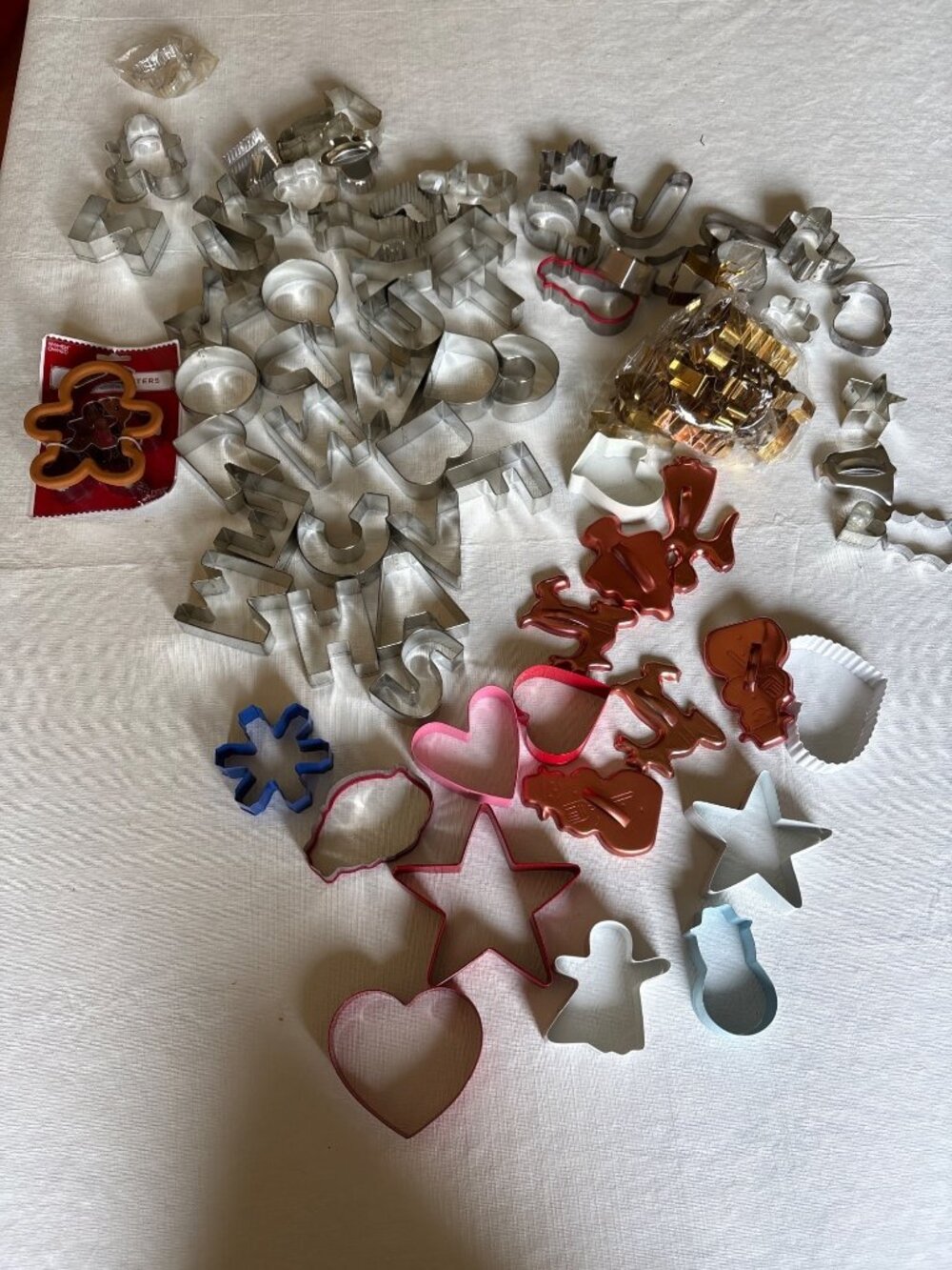 Assorted Cookie Cutter Lot Letters Shapes Holiday & Animals Metal Copper Gold